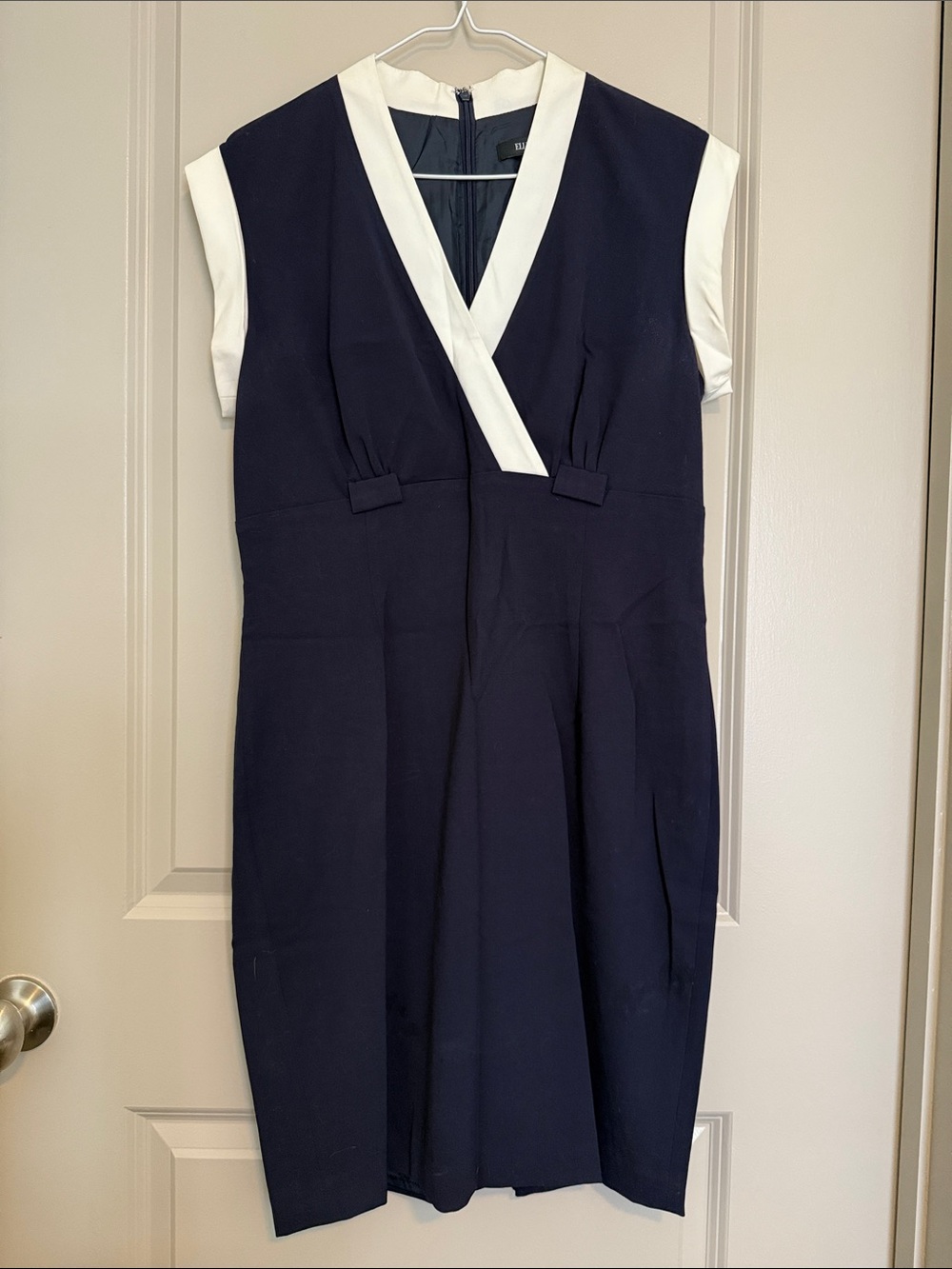 Ellen Tracy Navy Faux-Wrap Midi Dress with White Trim